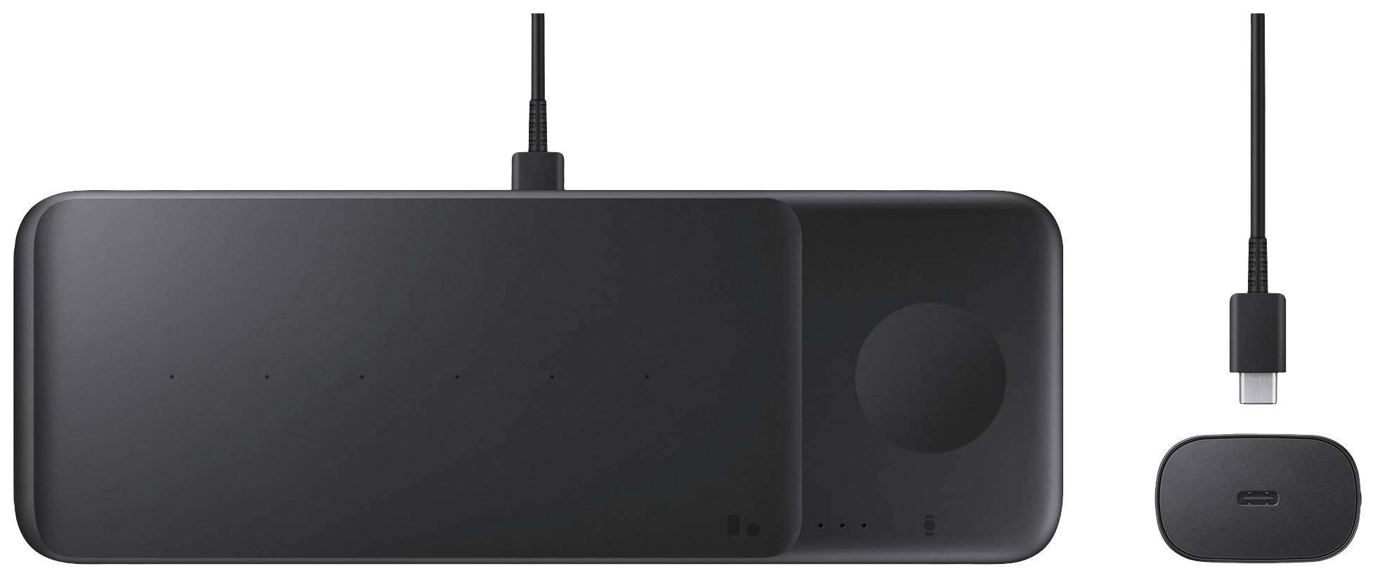 Draadloze oplader in het zwart met zes lampjes en een USB-C-aansluiting, geschikt voor het gelijktijdig opladen van meerdere apparaten.