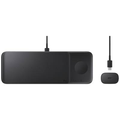 Draadloze oplader in het zwart met zes lampjes en een USB-C-aansluiting, geschikt voor het gelijktijdig opladen van meerdere apparaten.