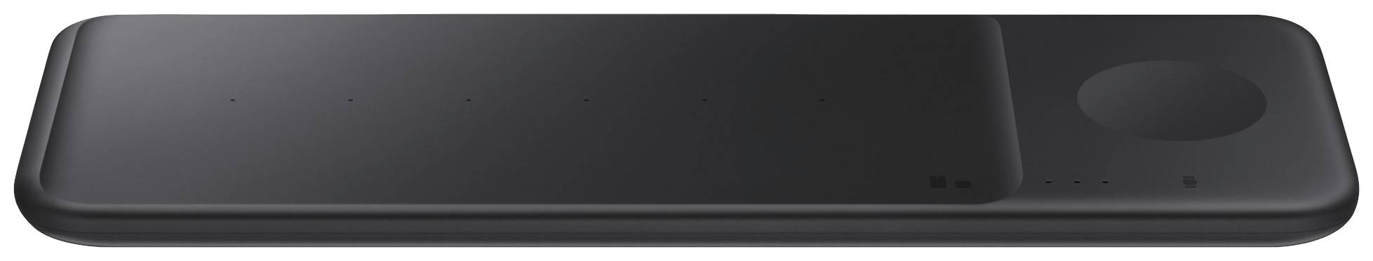 Zwart draadloos oplaadstation met ruimte voor een smartphone en een smartwatch.