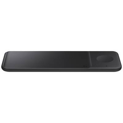 Zwart draadloos oplaadstation met ruimte voor een smartphone en een smartwatch.