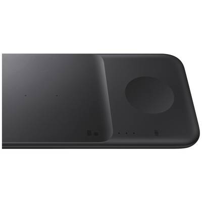 Draadloze zwarte oplaadstation met twee laadoppervlakken, geschikt voor gelijktijdig opladen van meerdere apparaten.