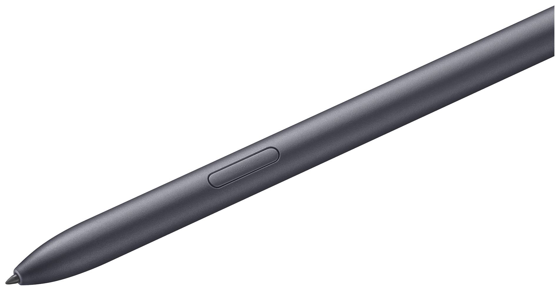 Een zwarte digitale pen met een zijknop, getoond voor een neutrale achtergrond. Geschikt voor touchscreen-apparaten.