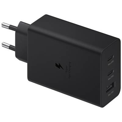 Zwart drievoudig USB-oplaadapparaat met Europese stekker; opschrift: 'Super snel opladen'.