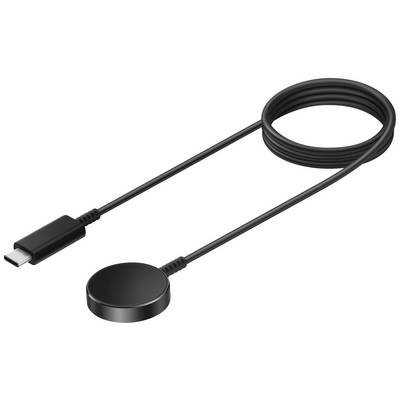 Een zwarte USB-C-oplaadkabel met magnetisch uiteinde, geschikt voor draadloze opladers, ligt op een witte achtergrond.