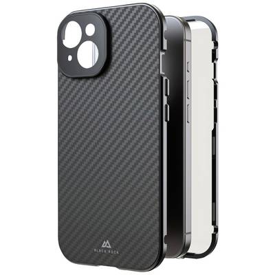 Een driedelige telefoonhoes gemaakt van koolstofachtig materiaal, die een smartphone van achteren laat zien. De tekst 'Black Rock' is zichtbaar.