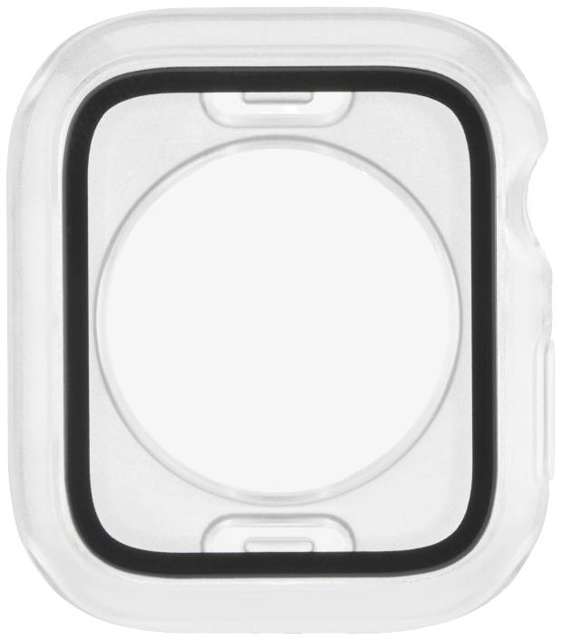 Een heldere, rechthoekige displaybeschermfolie met afgeronde hoeken voor een smartwatch. Beschermt het scherm tegen krassen.