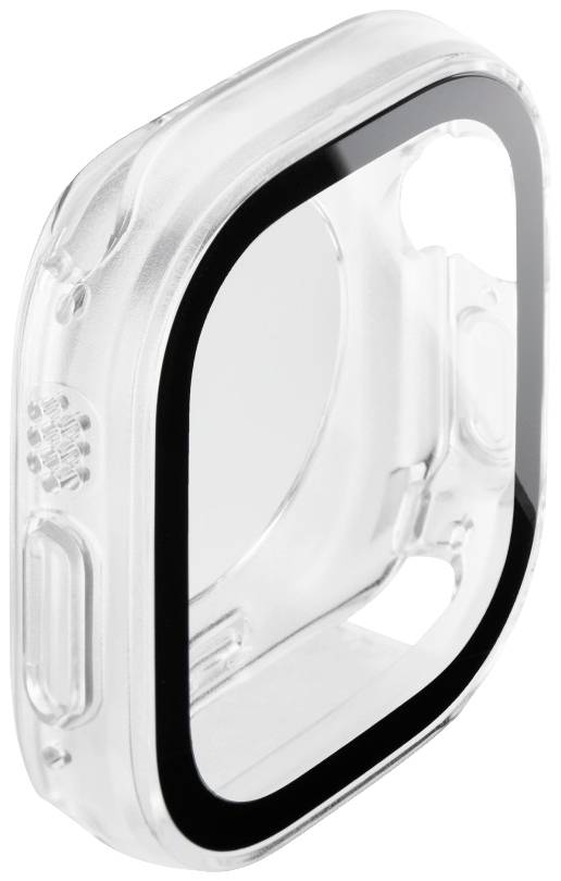 Transparante, rechthoekige beschermhoes met afgeronde hoeken en zwarte binnenzoom, mogelijk bedoeld voor een technisch apparaat.