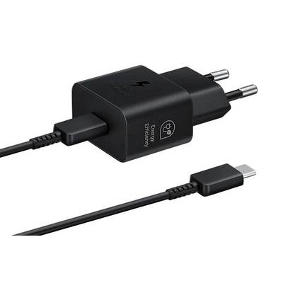 Een zwarte oplader met EU-stekker en een USB-C-kabel. Op de oplader is een bliksemsymbool en 'Energy Efficiency' zichtbaar.