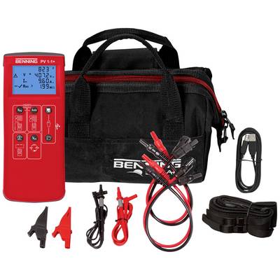 Multimeter-set: Rood multimeter, zwarte tas, meetsnoeren in verschillende kleuren, USB-kabel en riemen.