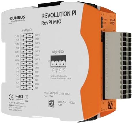 Een wit en oranje elektronisch apparaat met het opschrift 'Revolution Pi RevPi MIO' toont analoge en digitale IO-aansluitingen.