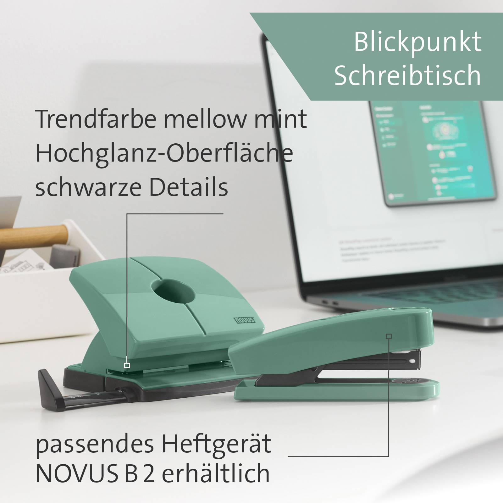 Een 'Blikvanger Bureau'-poster toont een muntgroen nietapparaat (Novus B2) voor een laptop. Tekst: 'Trendkleur mellow mint met hoogglans oppervlak'.