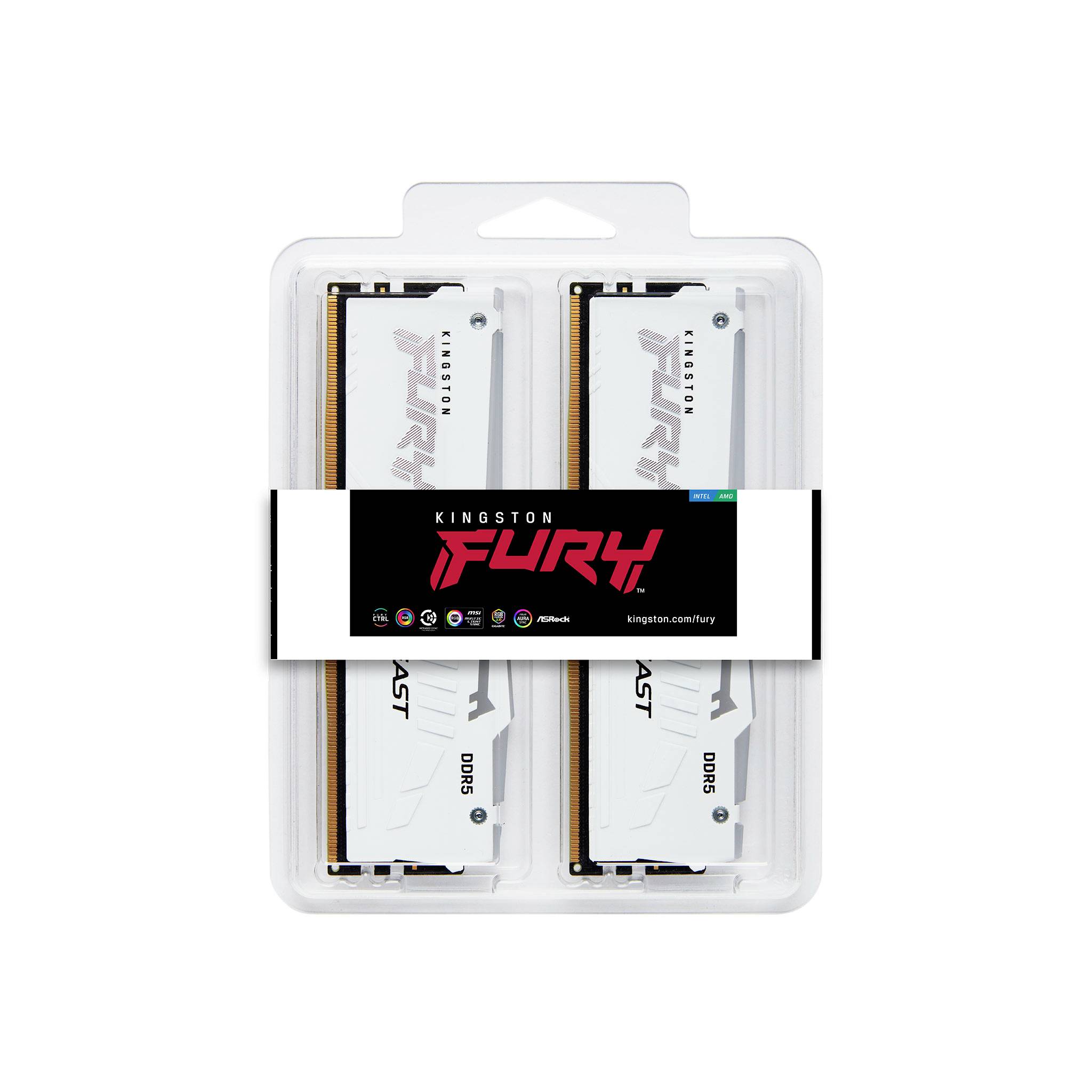 Twee Kingston Fury DDR5-RAM-modules in witte verpakking, geschikt voor snelle en krachtige computergeheugens.