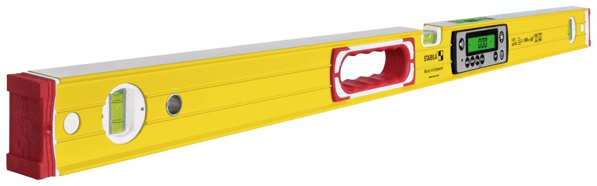 Gele waterpas met digitaal display en libellen voor het meten van de hellingshoek. Geschikt voor bouw- en doe-het-zelfwerkzaamheden.