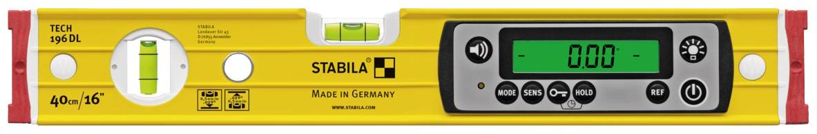 Digitale waterpas in gele kleur met Stabila-logo, LCD-display toont '0.00'. Made in Germany.