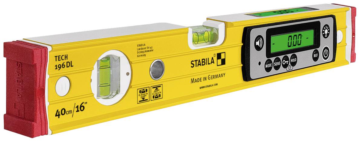 Waterpas met digitaal display, gele behuizing en twee libellen. Opschrift: 'Made in Germany', 'Stabila'.