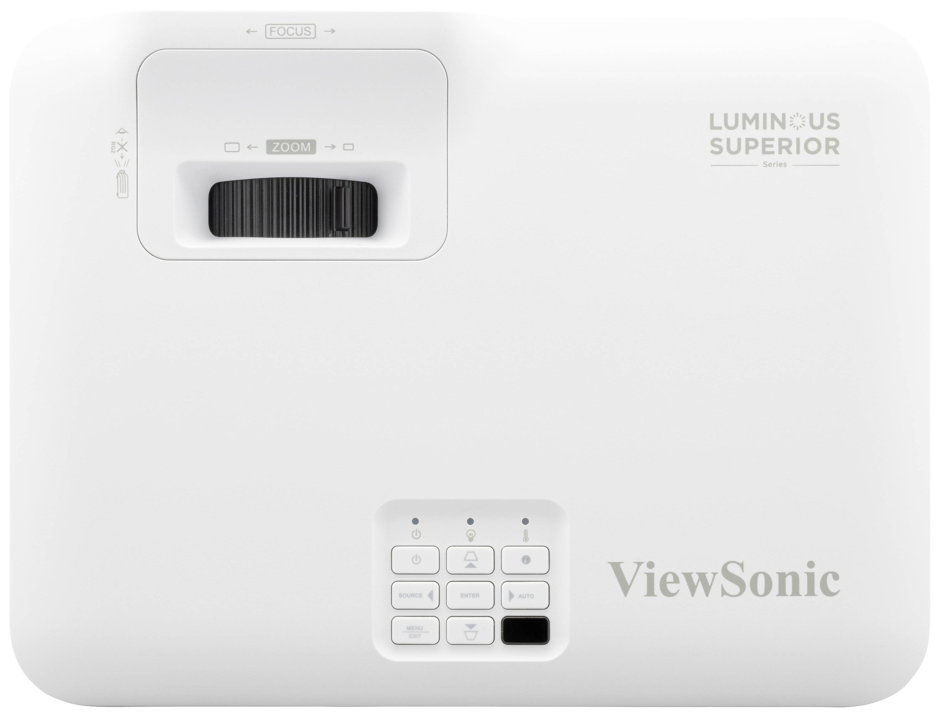 Een witte ViewSonic-projector met zoom- en focusregeling en een toetsenblok; geschikt voor presentaties of thuisbioscoop.