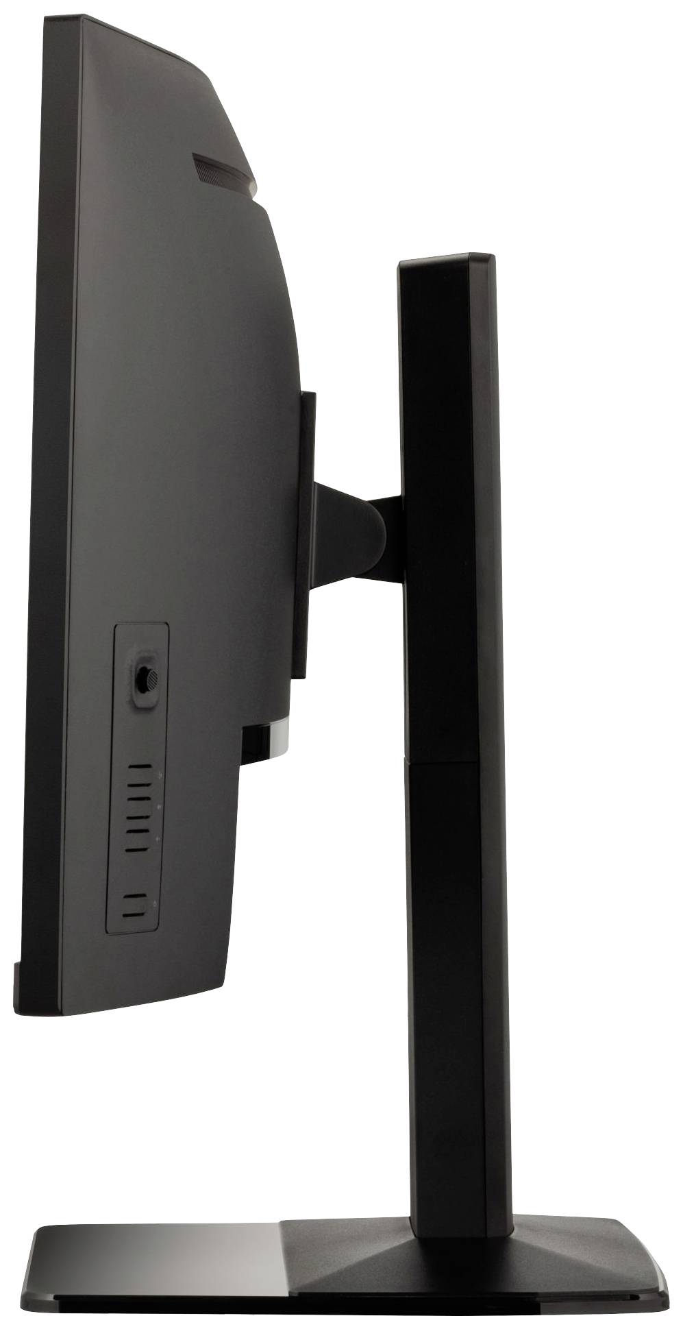 Zijaanzicht van een flatscreenmonitor met zwarte rand, gemonteerd op een rechthoekige standaard.