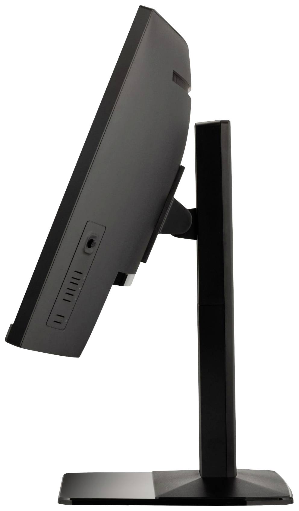 Een zwarte computermonitor van opzij, met een verstelbare standaard, op een witte achtergrond.