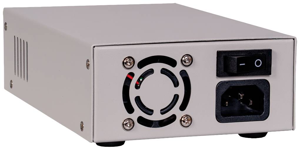 Een computer-voedingsunit met ventilator, netschakelaar en stroomaansluiting aan de voorkant, ontworpen voor installatie in een desktopcomputer.