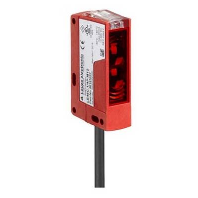Een rechthoekige, rode sensor met een transparant voorvlak, kabelaansluiting onderaan. Wordt gebruikt voor objectherkenning.