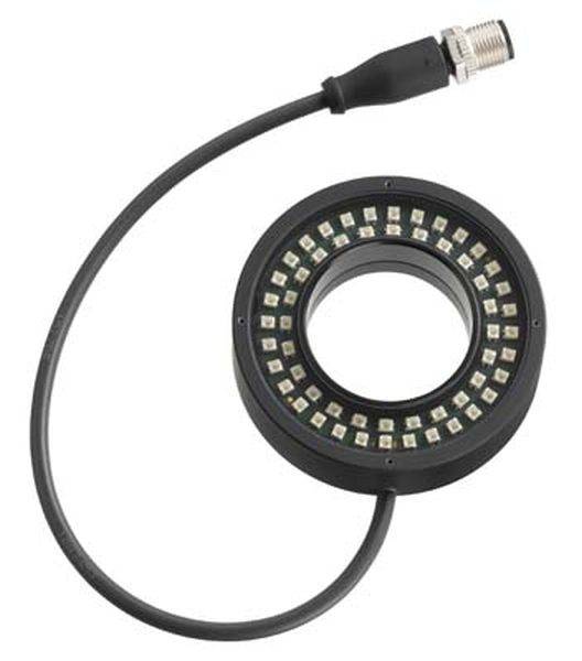 Een rond LED-verlichtingsmodule met kabelaansluiting, gebruikt voor verlichting van machines of werkstukken, zwart omlijst.