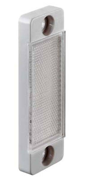 Een rechthoekige, witte reflector met twee bevestigingsgaten bovenaan en onderaan, gebruikt om de zichtbaarheid te verbeteren.