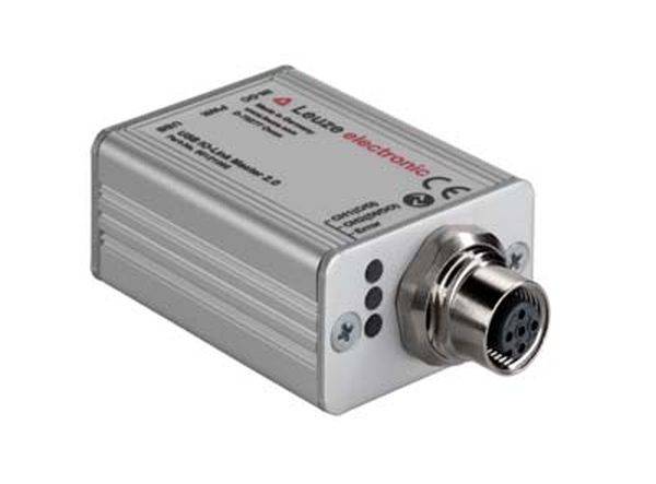 Metalen elektrisch apparaat met aansluitbus en LED-indicatoren. Opschrift 'Leuze electronic'.