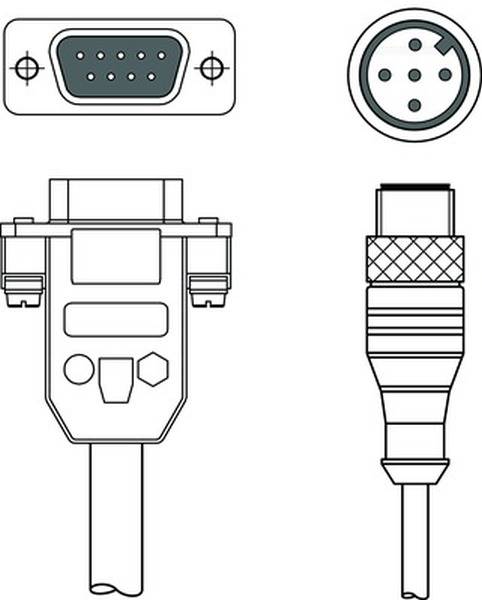 Diagram van twee verschillende stekertypes: bovenaan een D-Sub-stekker met negen pinnen, rechts een ronde stekker met vier pinnen.