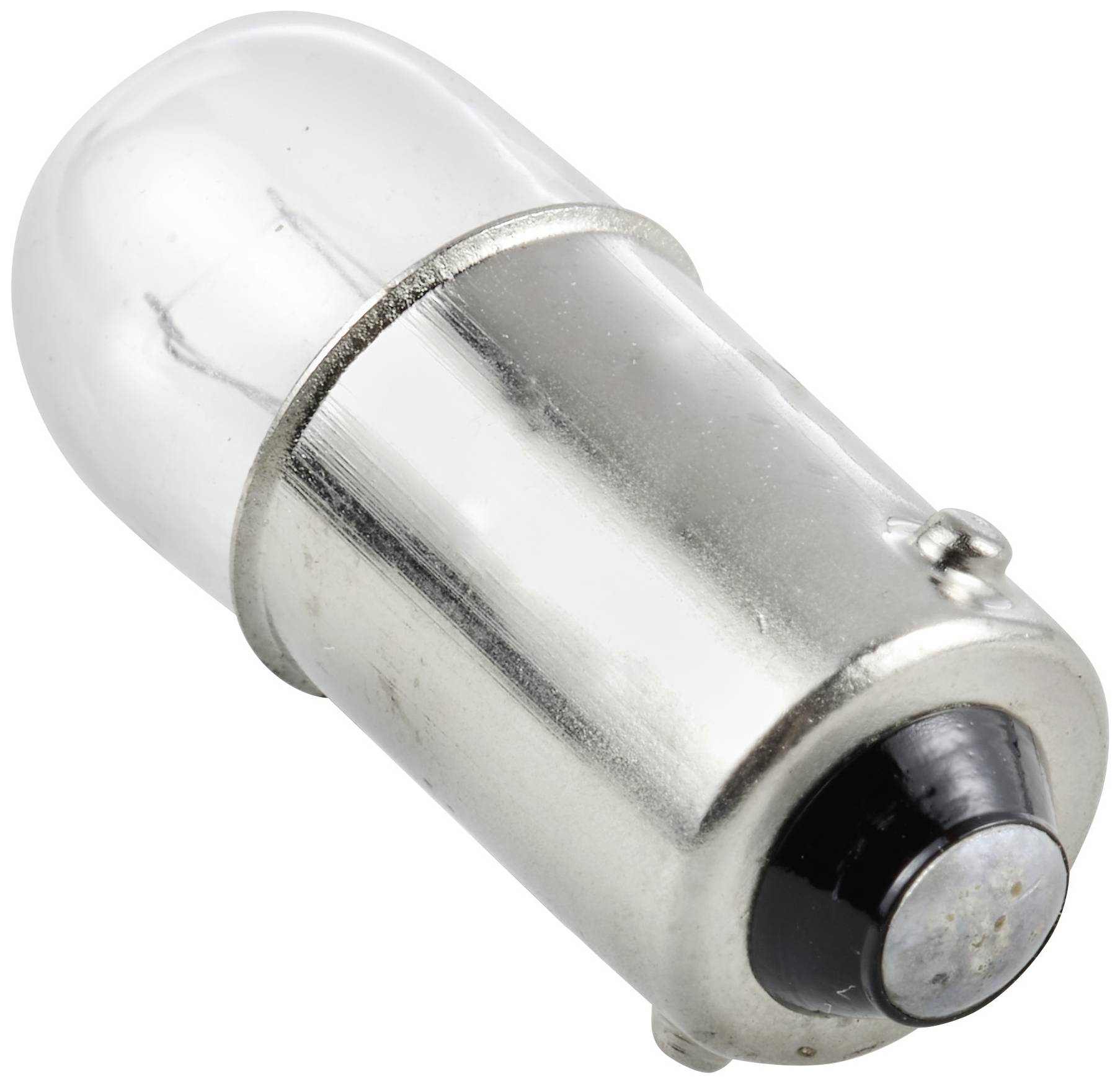 Close-upfoto van een kleine halogeenlamp met een zilveren voet en een heldere glazen kap.