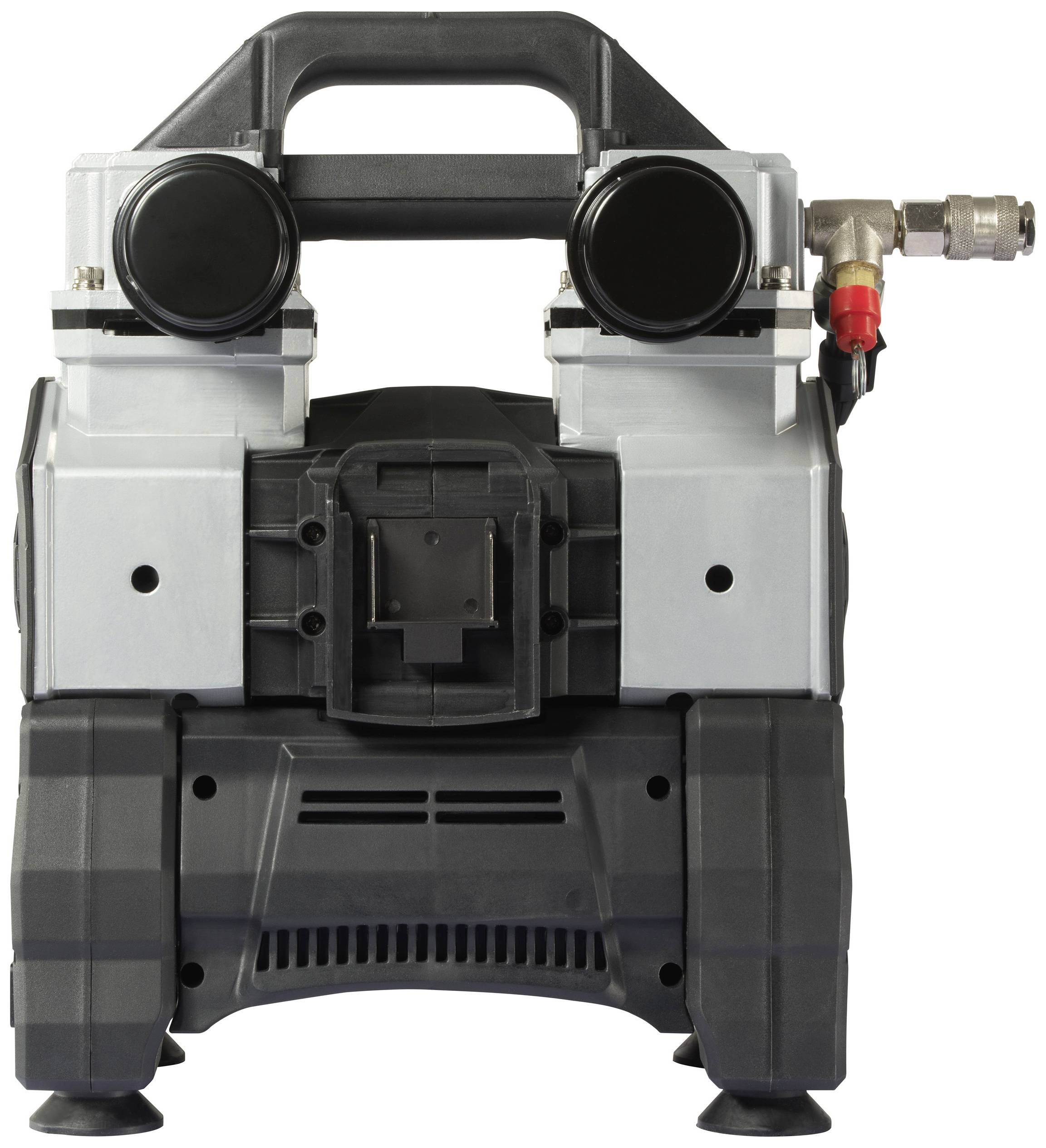 Een draagbare compressor met twee cilinders, zwarte handgreep en aansluitingen aan de zijkant, geschikt voor ambachtelijke toepassingen.