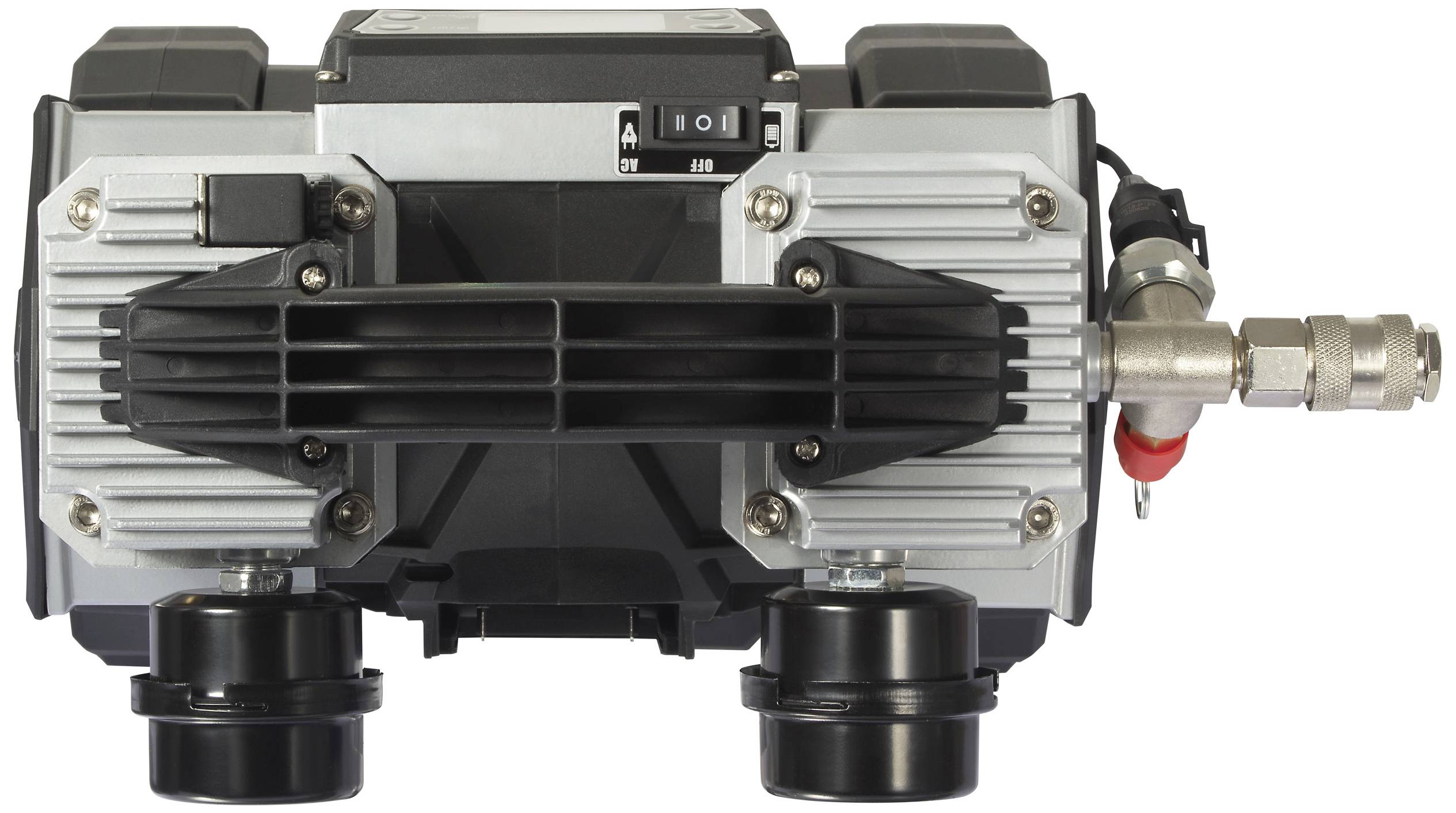 Vooraanzicht van een elektrische vacuümpomp met aansluitventiel en drukmeter.