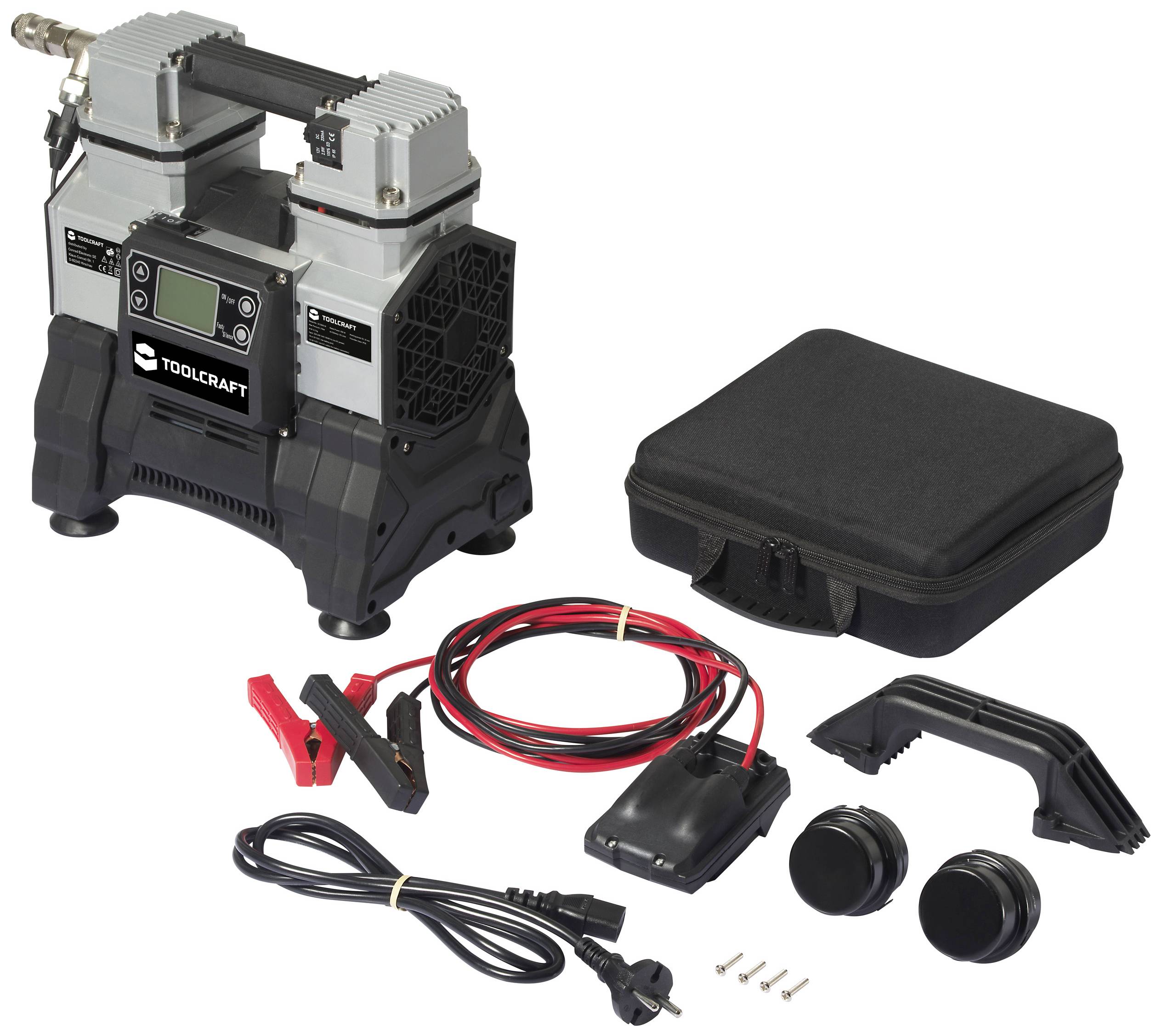 'Elektrische compressor met toebehoren en draagtas, geschikt voor het oppompen van banden of sportuitrusting.'