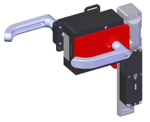 Afbeelding van een deurkrukenmechanisme in een technisch ontwerp, toont een rood-zwarte behuizing met zilveren handgrepen en gemonteerde techniek.