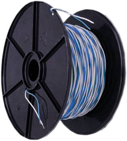 Een zwarte kabelrol met een opgewikkeld blauw-wit kabel.