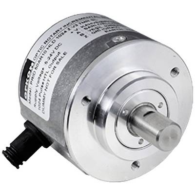Een cilindrische, metalen roterende encoder met een as in het midden en een kabelaansluiting aan de zijkant, waarschijnlijk voor industriële toepassingen.