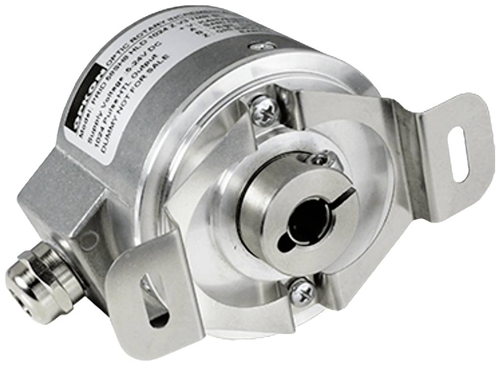 Een zilveren draaiencoder met bevestigingsplaat en kabelaansluiting, gebruikt voor positie- en hoekmeting in elektronische systemen.