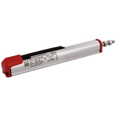 Langwerpig, cilindrisch onderdeel met een rood en zilver behuizing en aansluitbouten; technische specificaties gedrukt op de buitenkant.