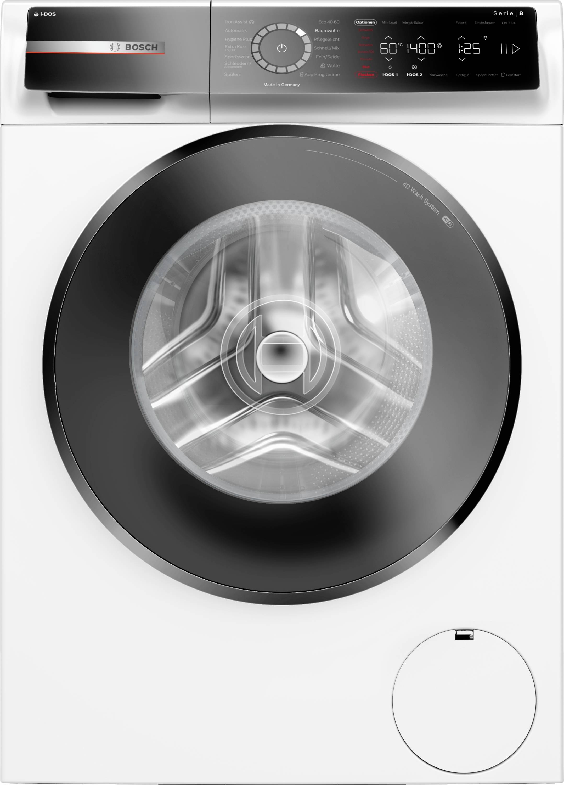 Moderne wasmachine met digitaal display, bedieningsknoppen en grote ronde deur. Bosch-logo zichtbaar linksboven.