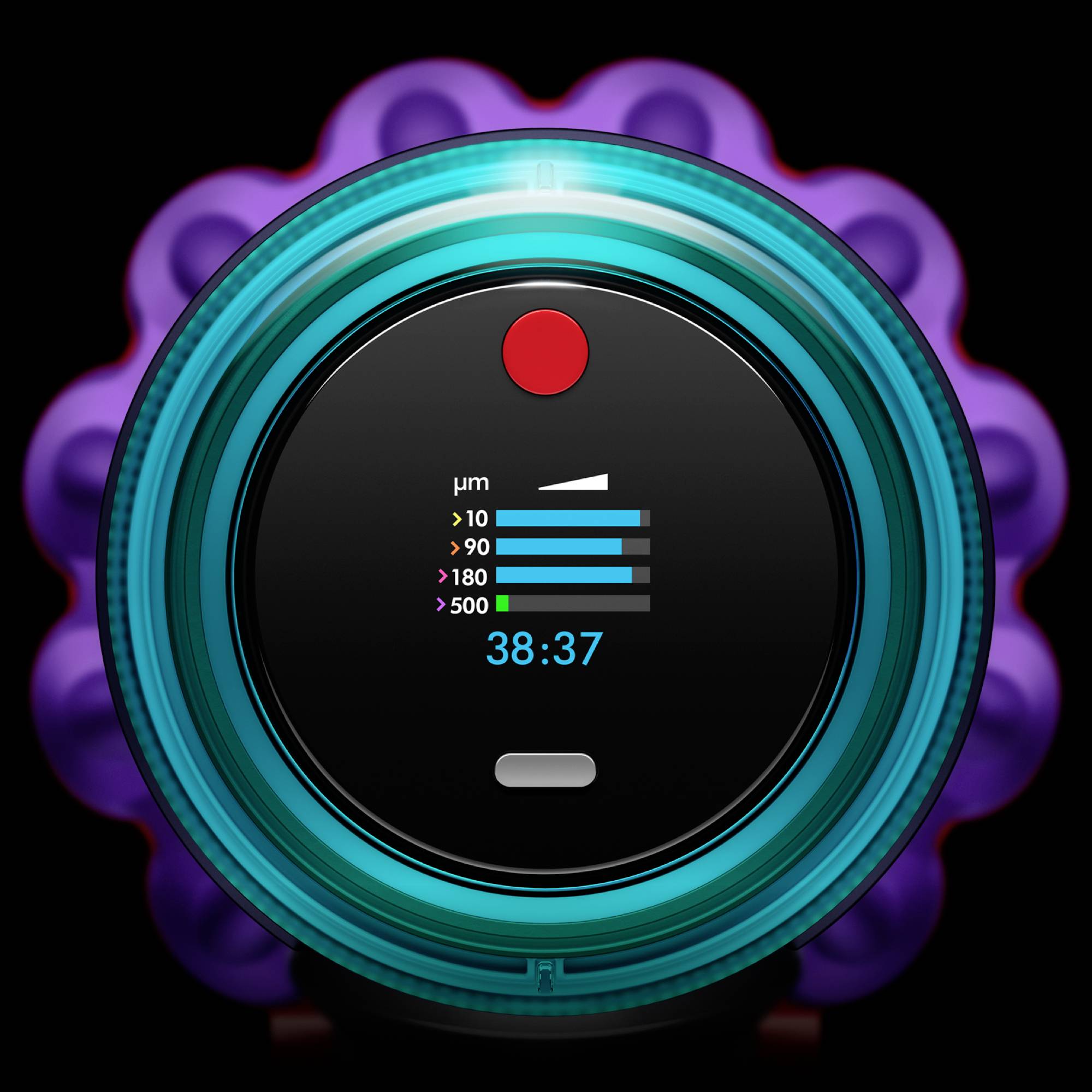 Luchtzuiveringsaanduiding met kleurenschaal toont stofdeeltjesconcentratie in micrometers. Digitale weergave toont waarde van 38:37.