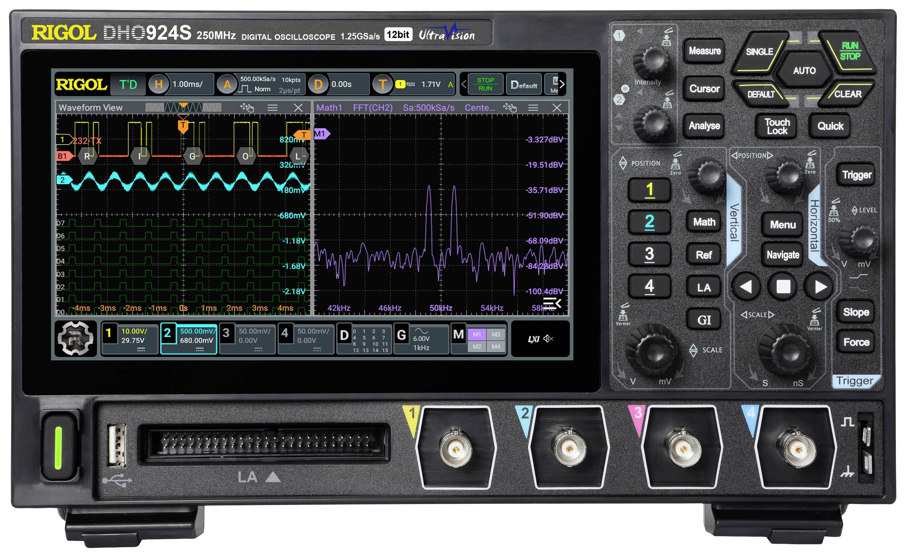 Digitale oscilloscoop RIGOL DS4024 met scherm toont twee signaalvormen; links periodieke golfvorm, rechts spectrum met pieken.