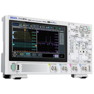 Digitale oscilloscoop met scherm toont twee golfvormweergaven en meetgegevens. Wordt gebruikt voor analyse van elektronische signalen.