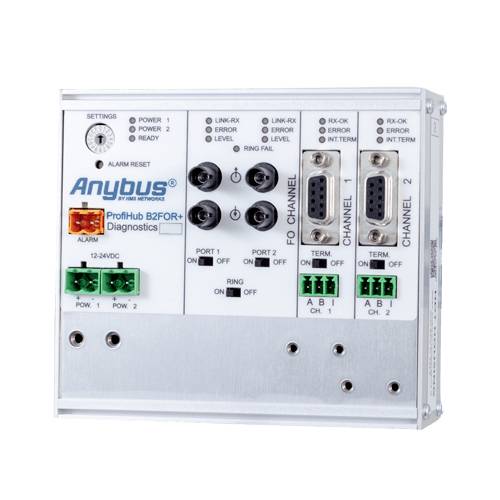 Een zilveren elektronisch apparaat met het opschrift 'Anybus ProfiHub B2FOR+ Diagnostics', meerdere poorten en schakelaars.