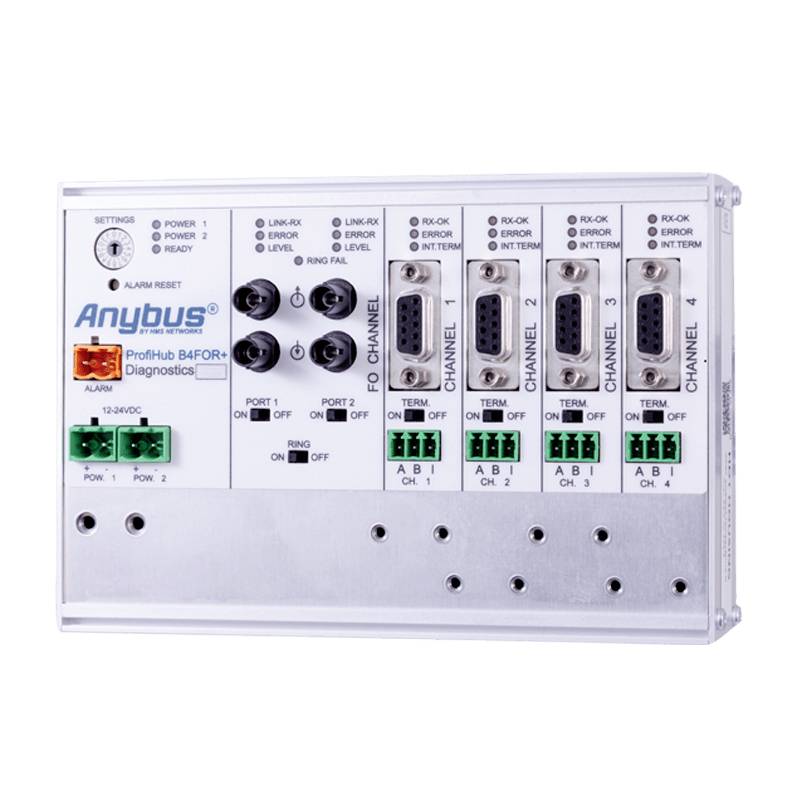 Elektronisch apparaat met meerdere aansluitingen en kanalen. Gemarkeerd met 'Anybus ProfHub B4F0R-Diagnostics'. LED-indicatoren en schakelaars bovenaan.