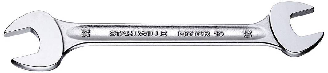 Dubbelzijdige moersleutel van metaal met het opschrift 'STAHLWILLE MOTOR 10'. Links maat 22, rechts maat 21.