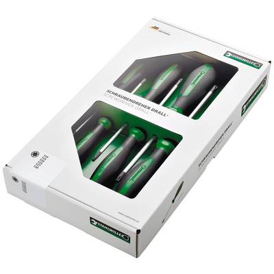 Een set groene schroevendraaiers in een verpakking, met opschrift 'Schroevendraaier Drall'.