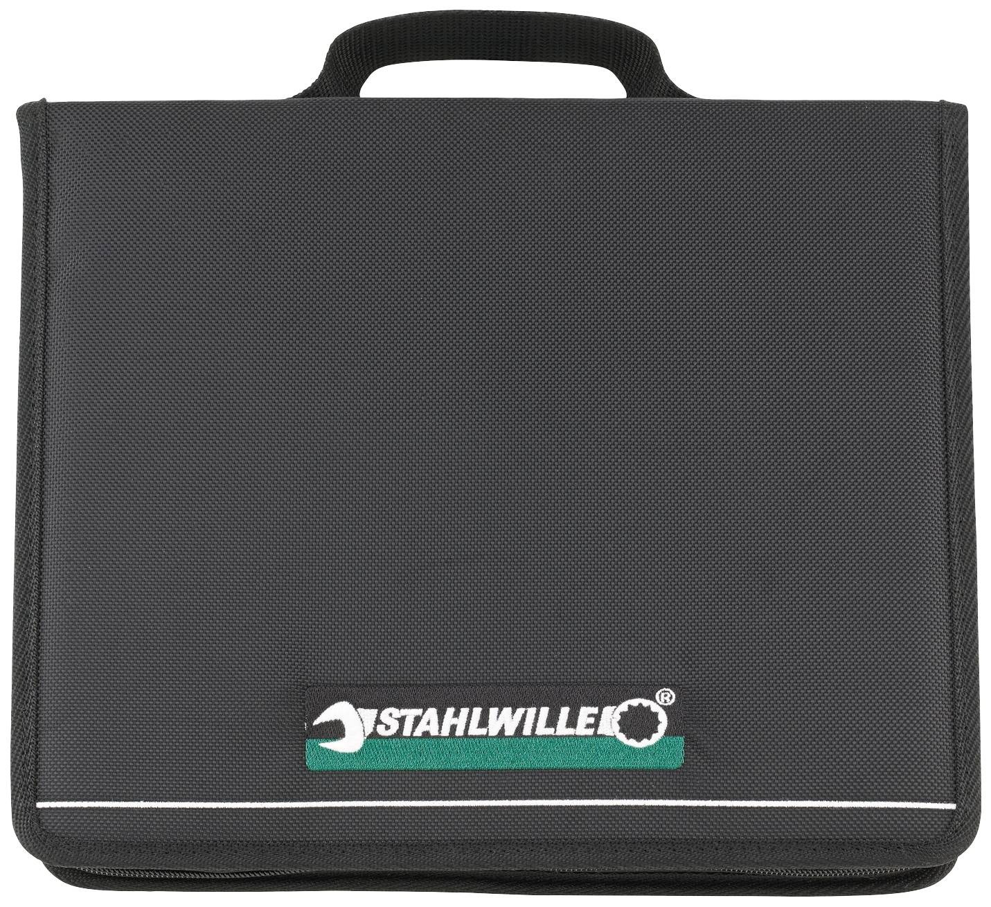 Zwarte gereedschapstas met groen en wit 'STAHLWILLE'-logo, handig handvat bovenaan. Geschikt voor het opbergen van gereedschappen.