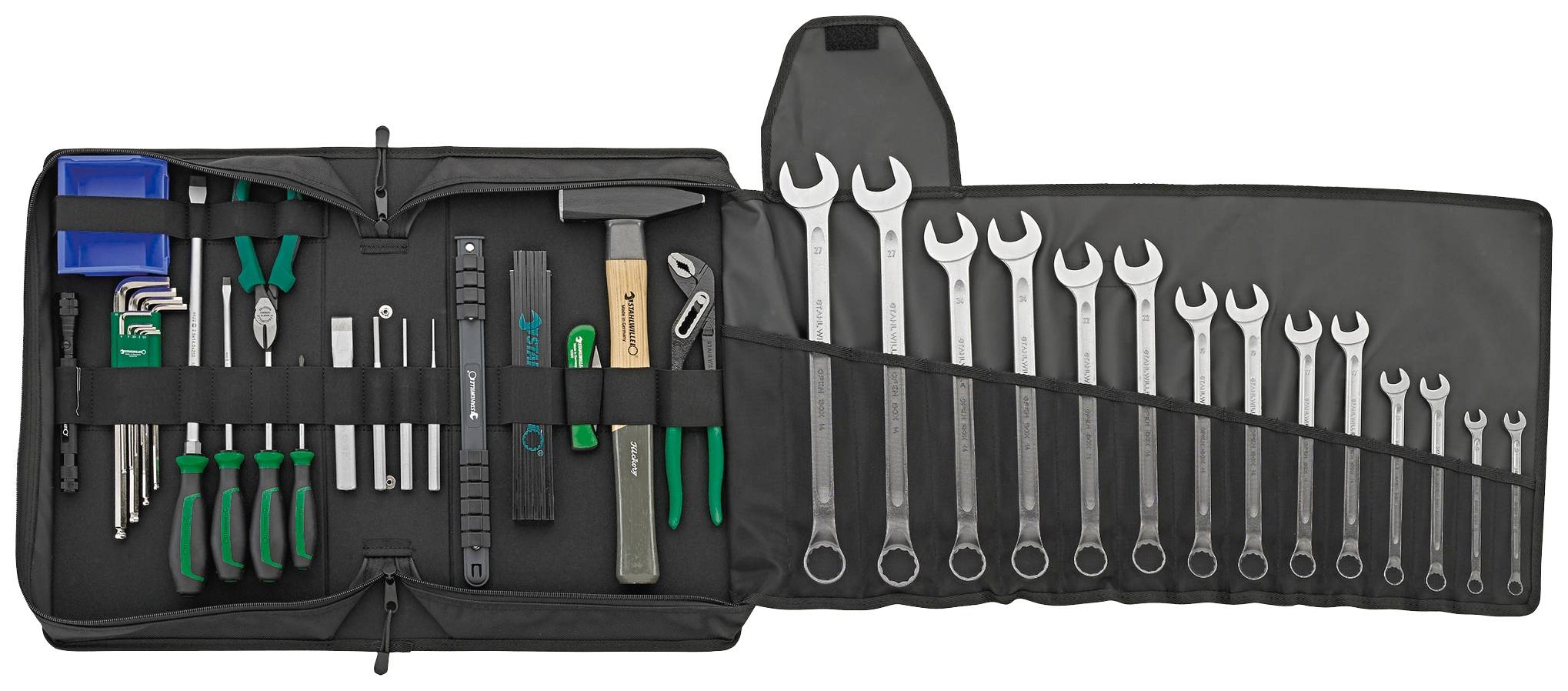 Gereedschapstas met verschillende handgereedschappen zoals moersleutels, schroevendraaiers, hamer en inbussleutels netjes gerangschikt.