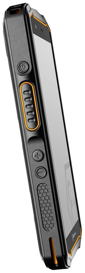 Robuuste smartphone met zwart, hoekig ontwerp en oranje accenten. Zijaanzicht toont knoppen en gestructureerd patroon.