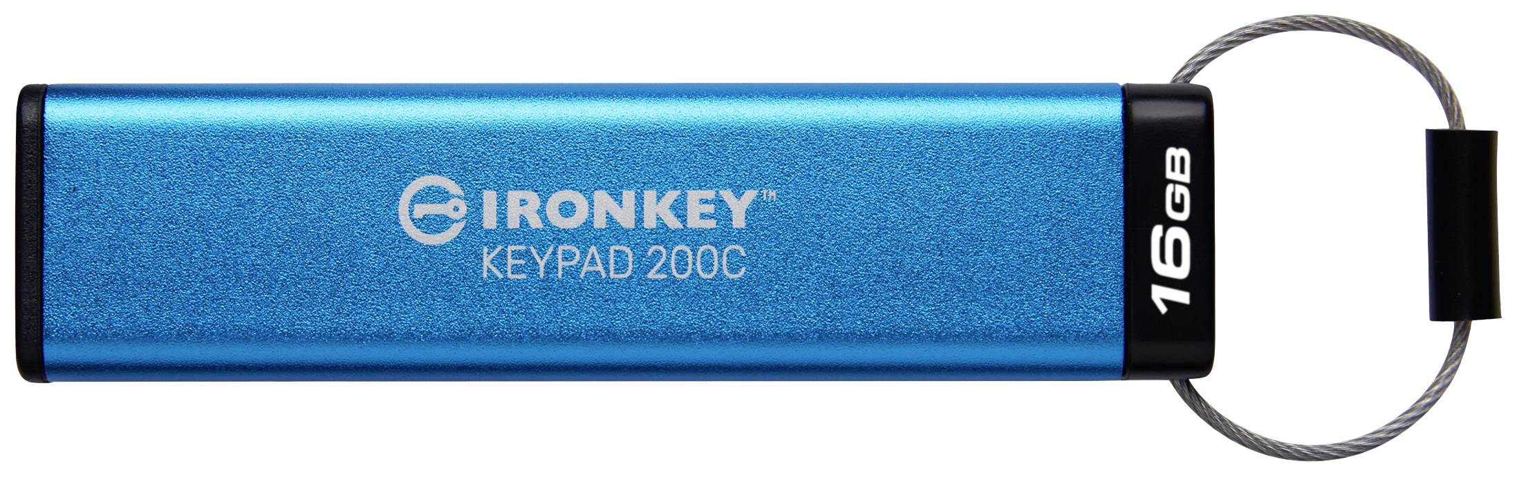 Een blauwe USB-stick met de opdruk 'IRONKEY KEYPAD 200C' en '16GB'. Hij heeft een geïntegreerde sleutelhanger van draad.