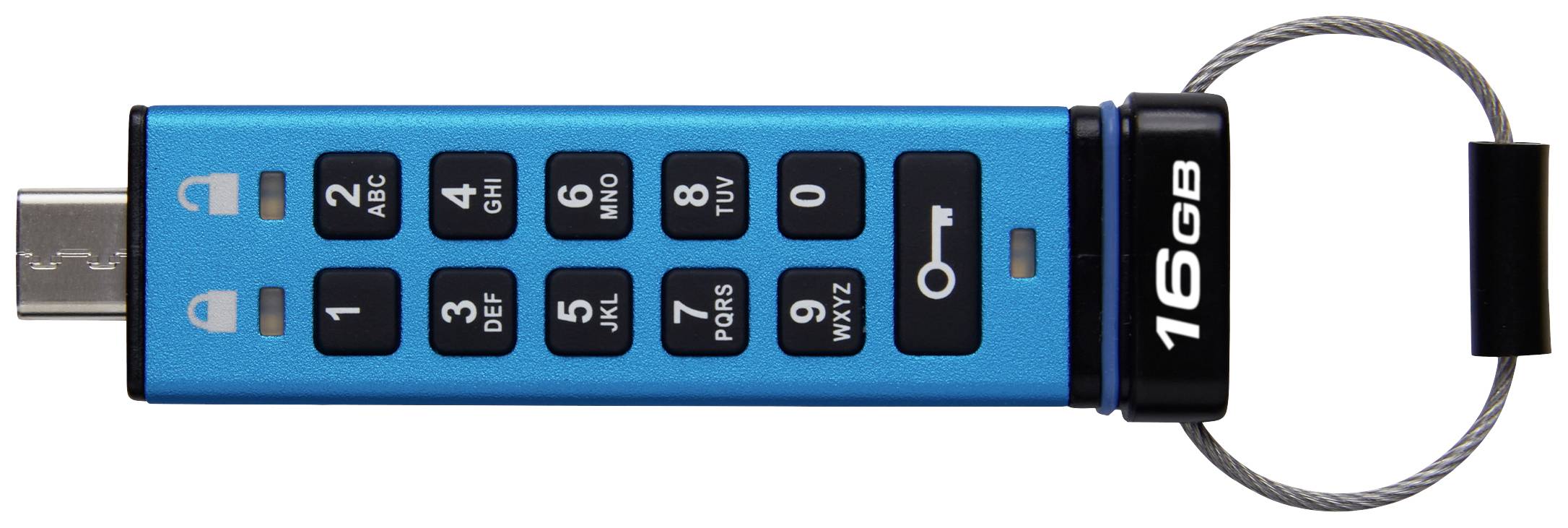 Een blauwe USB-stick met 16 GB opslagcapaciteit. Hij heeft een numeriek toetsenblok voor een getallencode en een kabelslot voor extra veiligheid.